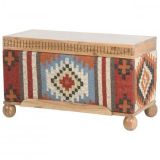 Kilim Flat Weave Upholstered Storage Bench / Ottoman - Acacia Top - Red
