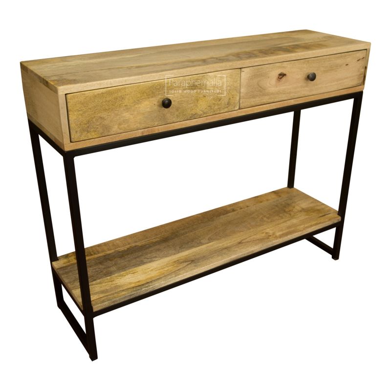 Industrial Console Table Mango Wood, Wooden Console Table With Drawers And Shelf