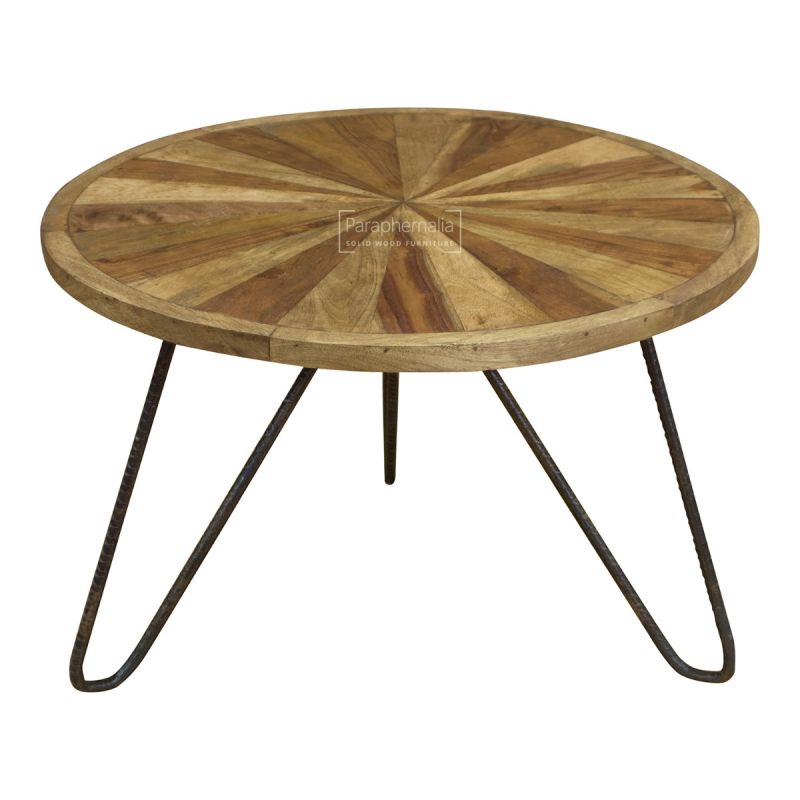 Urban Sheesham Wood Coffee Table, Round Wooden Coffee Table With Steel Legs