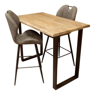 Natural Edge Mango Wood Bar Table / Breakfast Bar + 2 Grey Roma Bar Stools