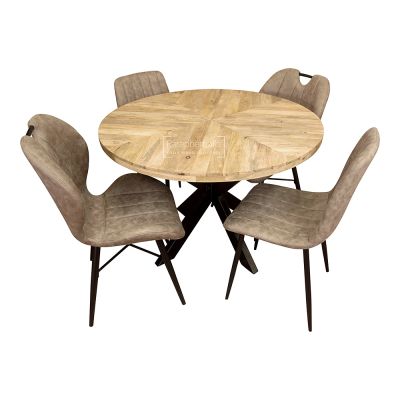 Surat Sunburst Mango Wood Round Dining Table & 2 Lucca / 2 Roma Chairs