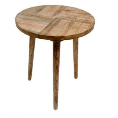 Mango Wood Herringbone Round Side Table / End Table
