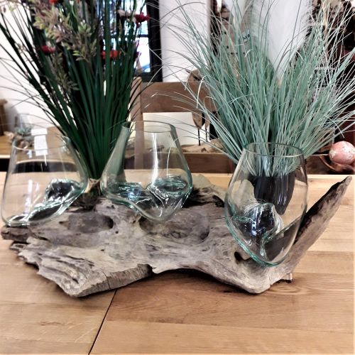 Tree Root Wood with Glass Bowls - Triple - Low  - Large