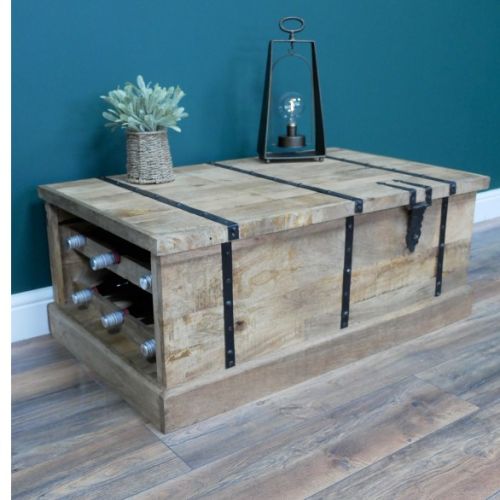 Rustic Mango Wood Coffee Table / Storage Chest with Wine Rack
