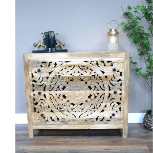 Rustic Mango Wood Chest of Three Drawers - Ornate Carving