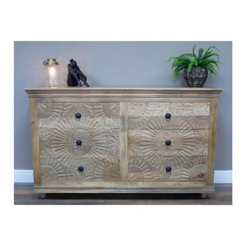 Rustic Mango Wood Chest of Drawers- Carved Front Detail