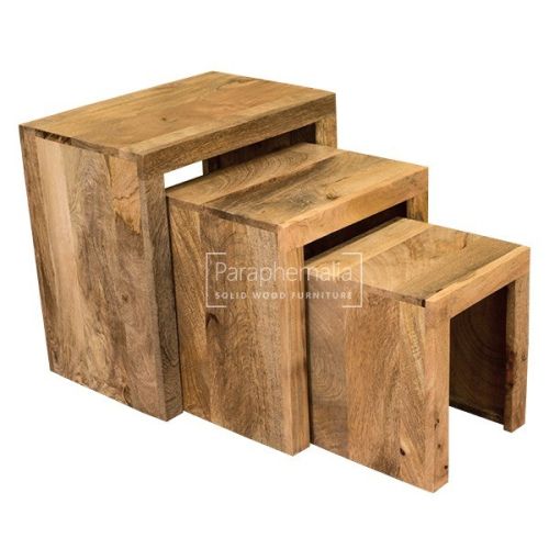 Ambala Cube Light Mango Wood Nest of Tables - Solid Sides