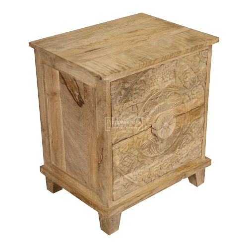 Rustic Mango Wood Bedside Two Drawer - Ornate Carving