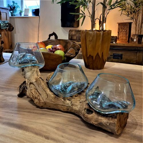 Tree Root Wood with Glass Bowls - Triple - Low 