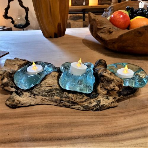 Tree Root Wood with Glass Candle T-lite - Triple