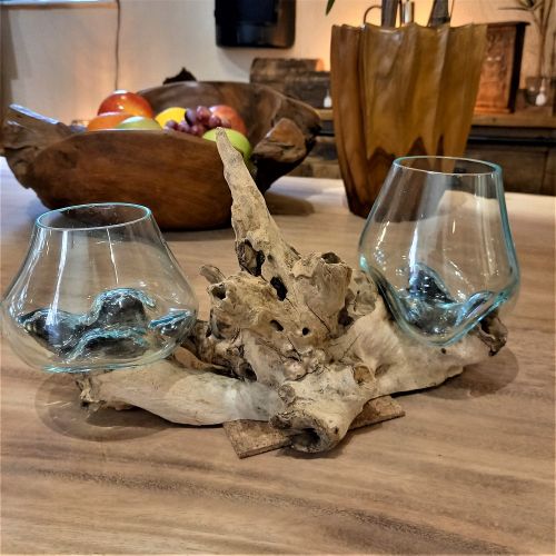 Tree Root Wood with Glass  Bowls Double - Small