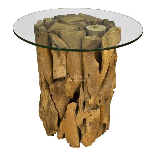 Java Teak Driftwood Trunk Glass Top Round Side Table 