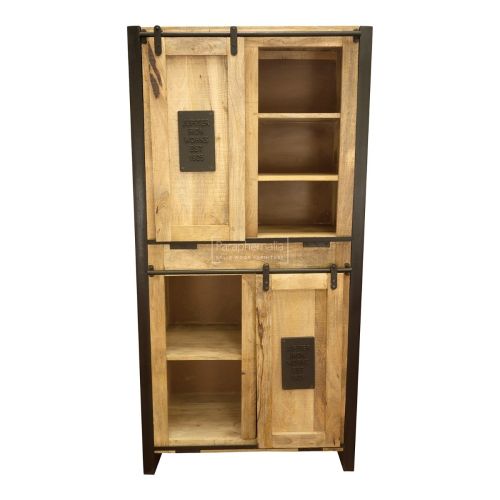 Rustic Mango Wood Tall Buffet Cupboard  / Display - Sliding Doors with Iron Works