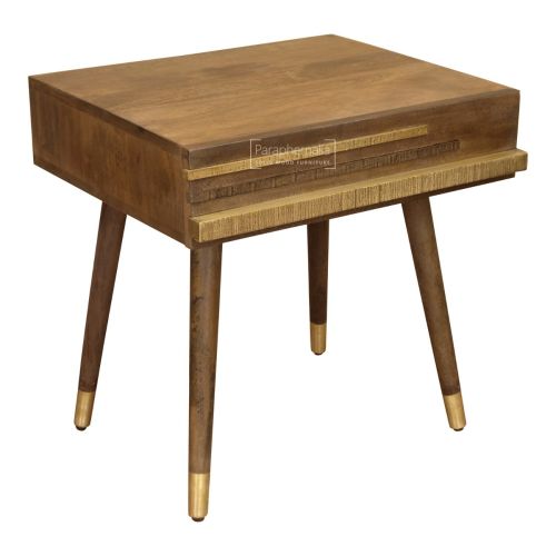 Rustic Mango Wood Side Table - Brass and Gold Finish Detail