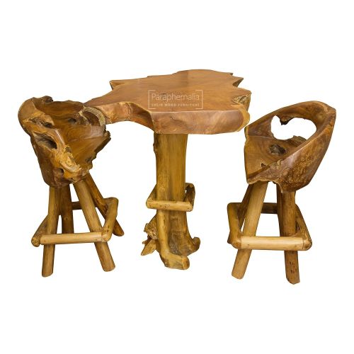Java Teak Root Wood Bar Table / Kitchen Breakfast Bar Table + Two Swivel Stools / Chairs