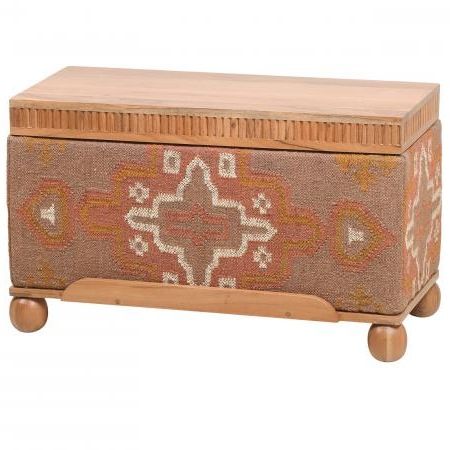 Kilim Flat Weave Upholstered Storage Bench / Ottoman - Acacia Top