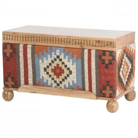 Kilim Flat Weave Upholstered Storage Bench / Ottoman - Acacia Top - Red