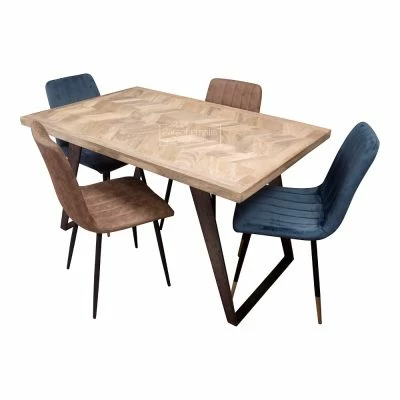 Akola Herringbone 135cm Dining Table & 2 Brown / 2 Blue Chairs