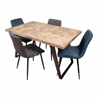 Akola Herringbone 135cm Dining Table & 2 Grey / 2 Blue Chairs