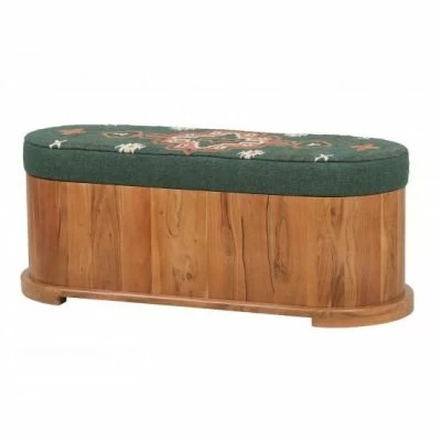 Kilim Flat Weave Upholstered Storage Bench / Ottoman - Green
