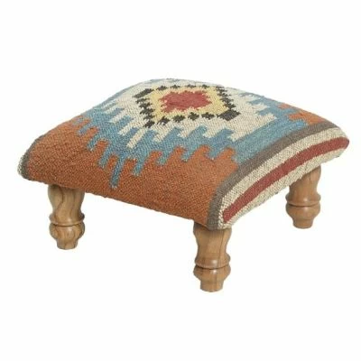 Kilim Flat Weave Upholstered Footstool - Red - Square