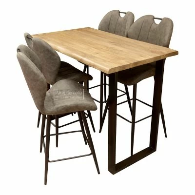 Natural Edge Mango Wood Bar Table / Breakfast Bar + 4 Grey Roma Bar Stools