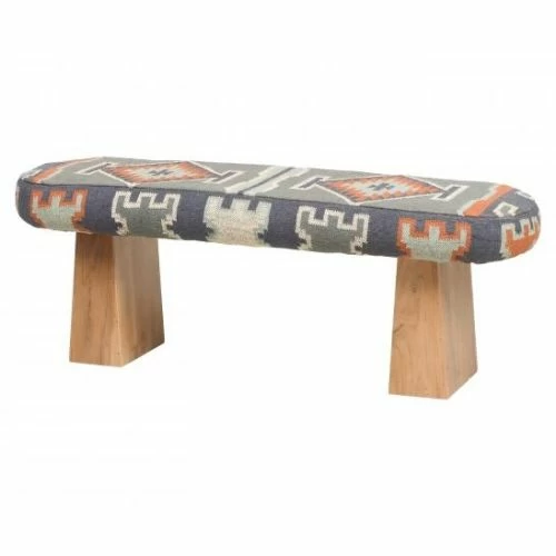 Kilim Flat Weave Upholstered Bench - Blue - Pillar Legs